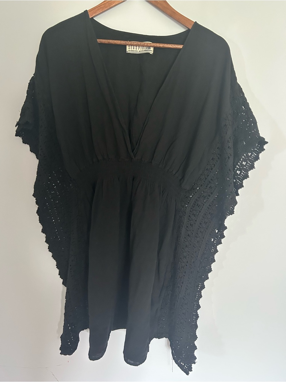 Women’s Black Crochet-Trim V-Neck Swim Cover-Up by Unknown Brand